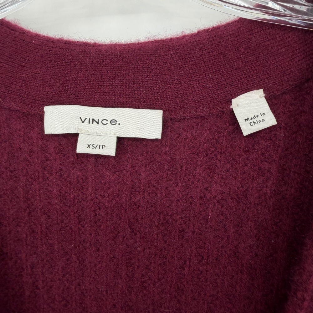 Vince Oversized Wool & Cashmere Cardigan Burgundy Ribbed V-Neck XS - Picture 3 of 14